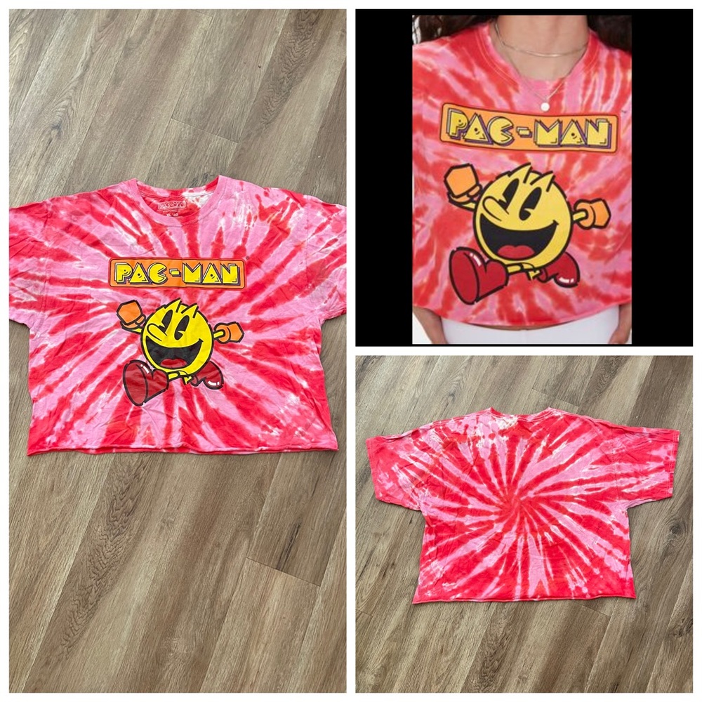Pac-Man Crop Top Tie Dye T-Shirt Pink, Red and White.